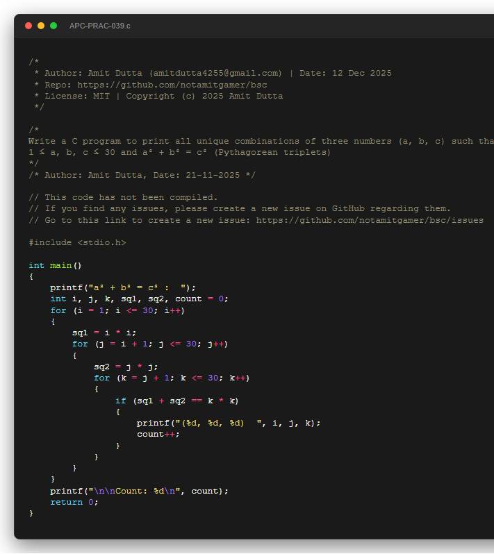 Write a C program to print all unique combinations of three numbers (a, b, c) such that: 1 ≤ a, b, c ≤ 30 and a² + b² = c² (Pythagorean triplets)